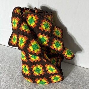 Vintage Handmade Brown Orange Yellow Green Crochet Granny Square Afghan Blanket
